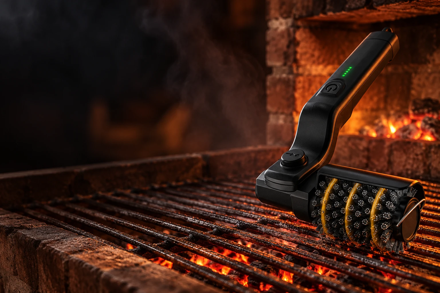 Cepillo eléctrico apoyado sobre la rejilla de una parrilla de ladrillo con brasas encendidas