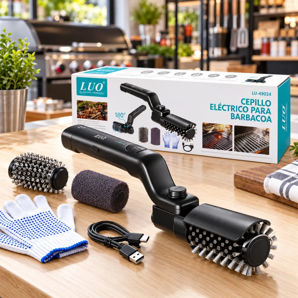 Cepillo eléctrico LUO con su caja, cabezal de cerdas, cabezal pulidor, guantes y cable USB-C