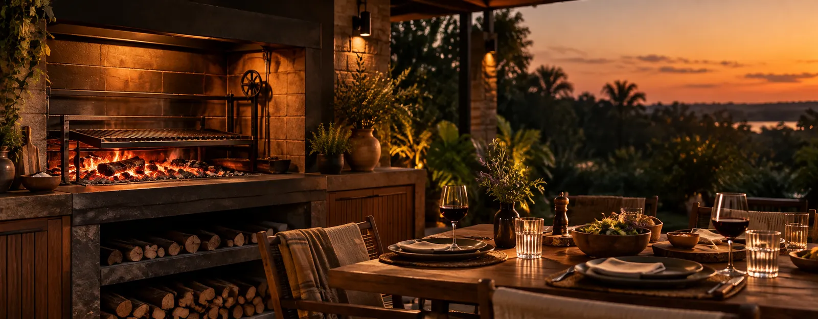 Quincho al atardecer con la parrilla encendida y la mesa servida